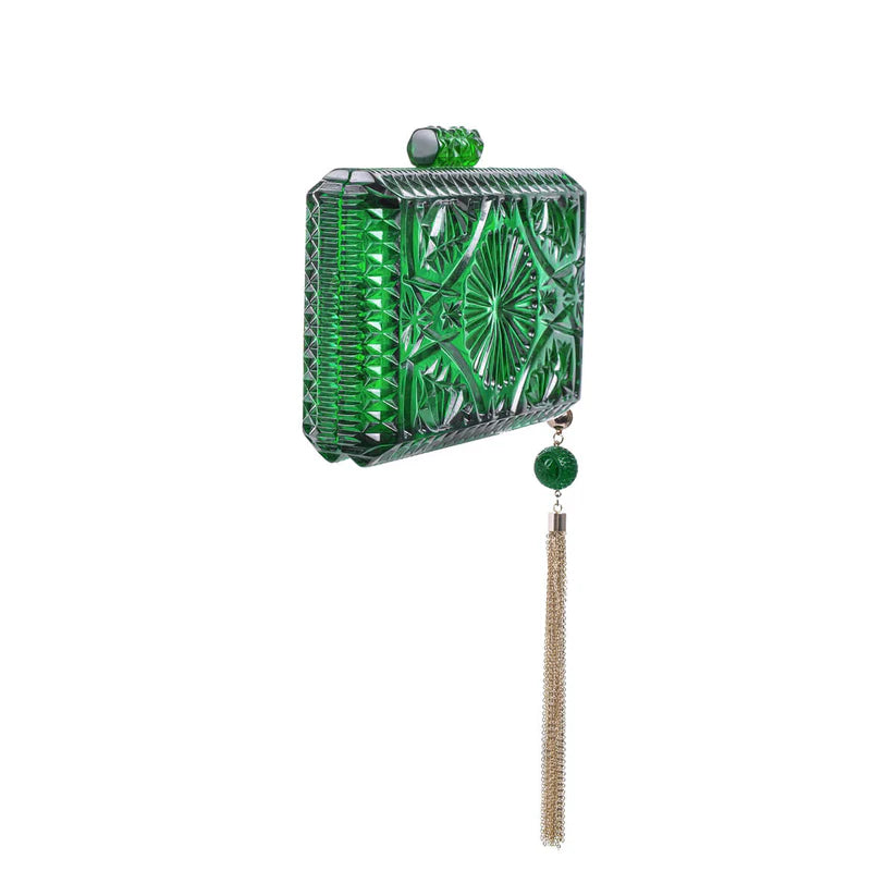 Hand Carved Rectangle Clutch Emerald Green