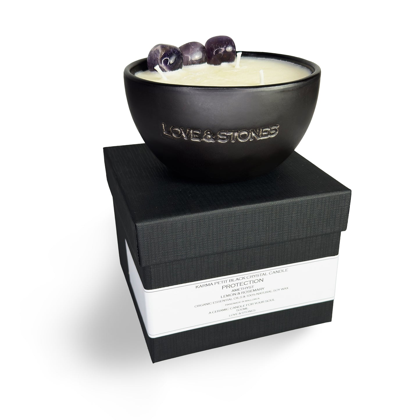Protection - Black Crystal Petit Candle  Amethyst  Lemon & Rosemary