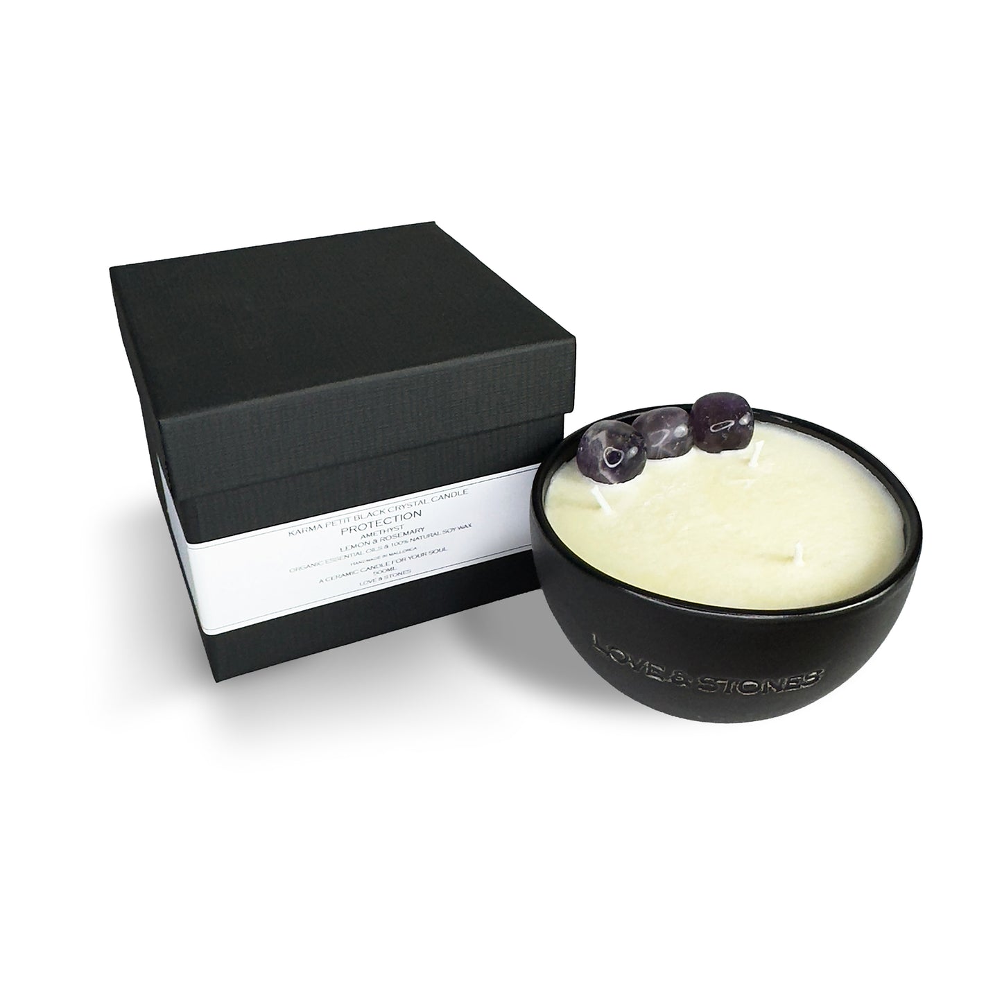 Protection - Black Crystal Petit Candle  Amethyst  Lemon & Rosemary