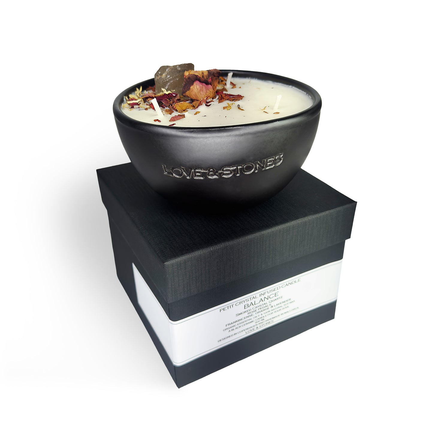 Feel Balance - Black Tourmaline & Raw Crystal Quartz Pointer Infused Scented Petit White Candle