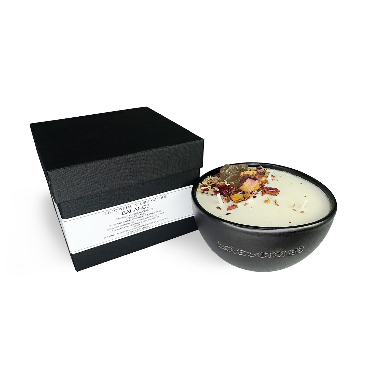 Feel Balance - Black Tourmaline & Raw Crystal Quartz Pointer Infused Scented Petit White Candle