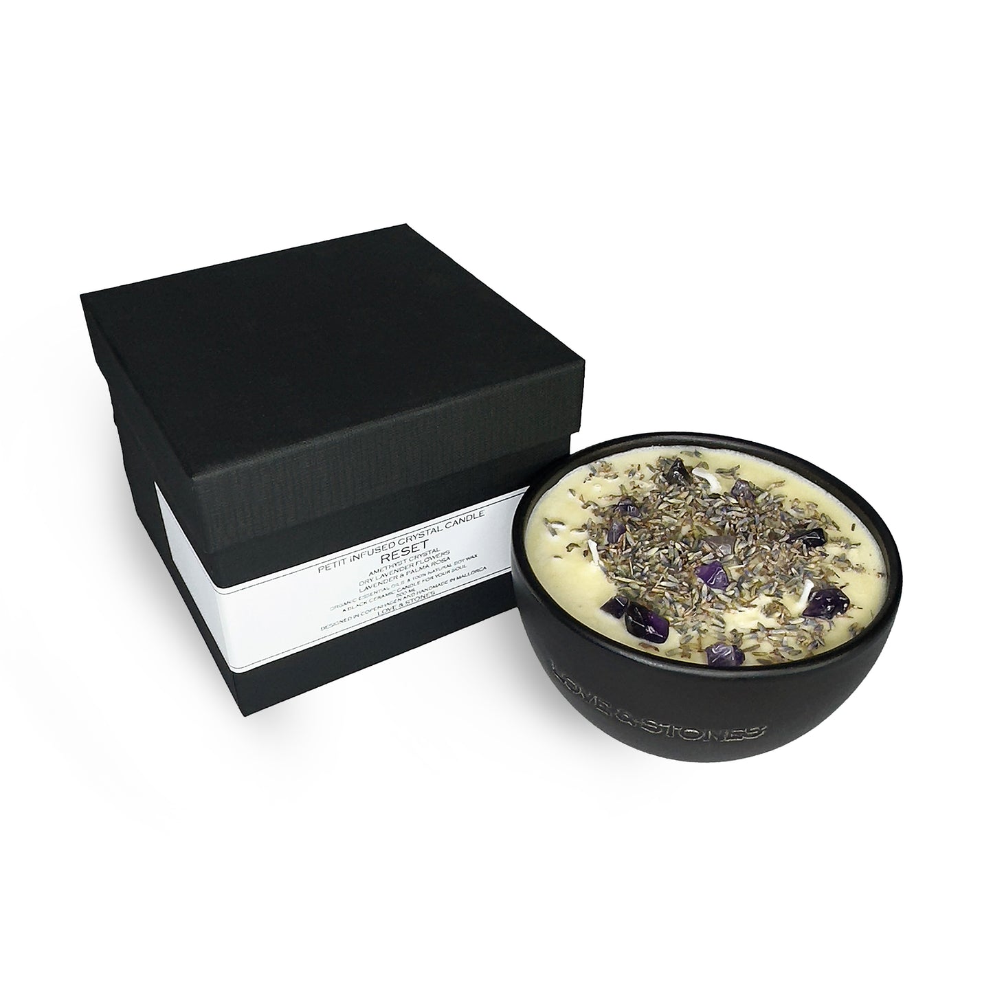 Reset- Petit Infused Crystal Candle Amethyst Crystal Dry Lavender Flowers And Palma Rosa