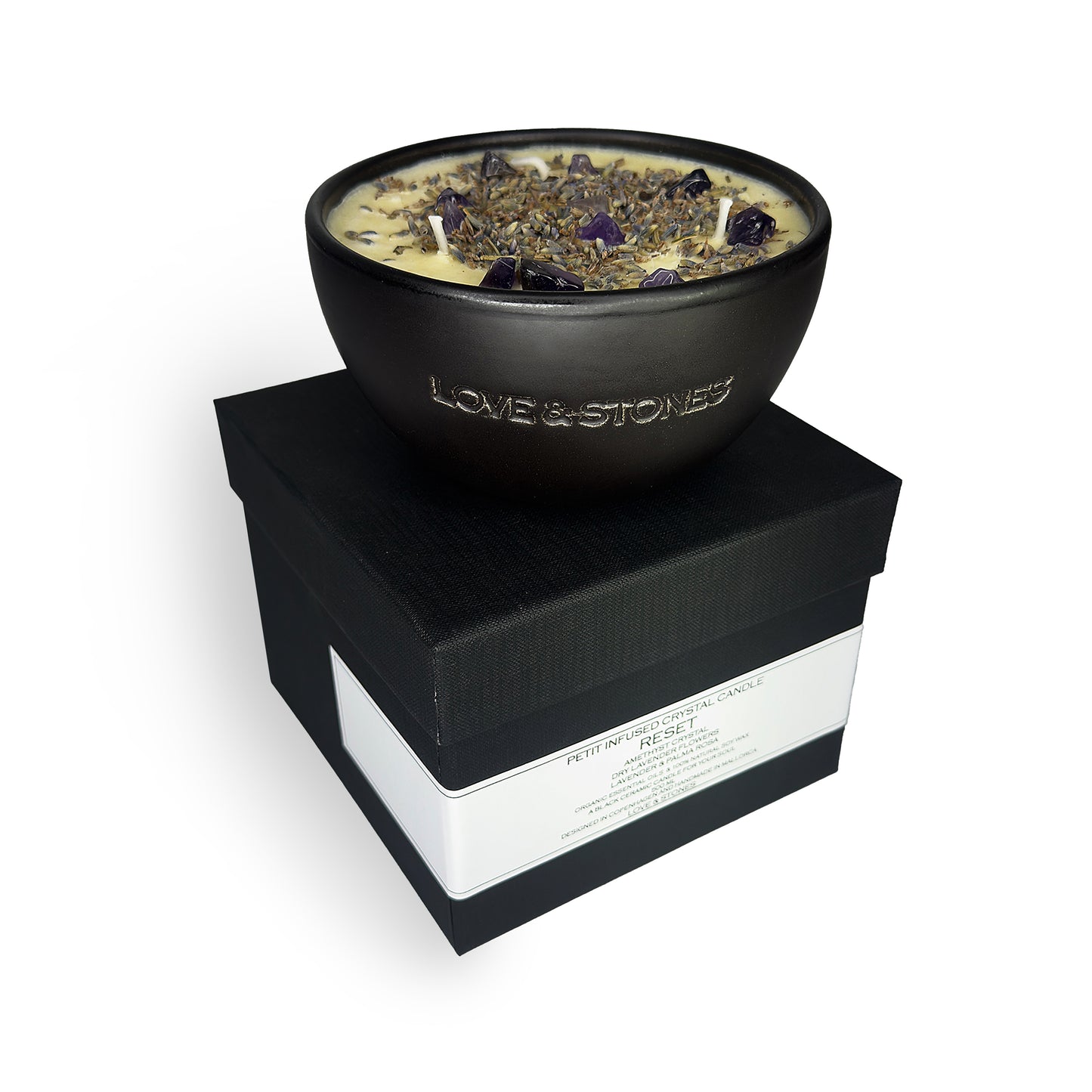 Reset- Petit Infused Crystal Candle Amethyst Crystal Dry Lavender Flowers And Palma Rosa