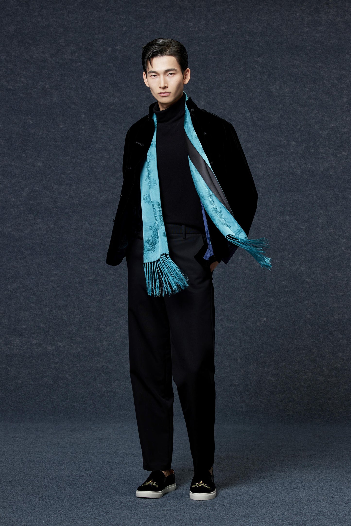 Velvet Tang Jacket With Dragon Jacquard Silk Lining Black