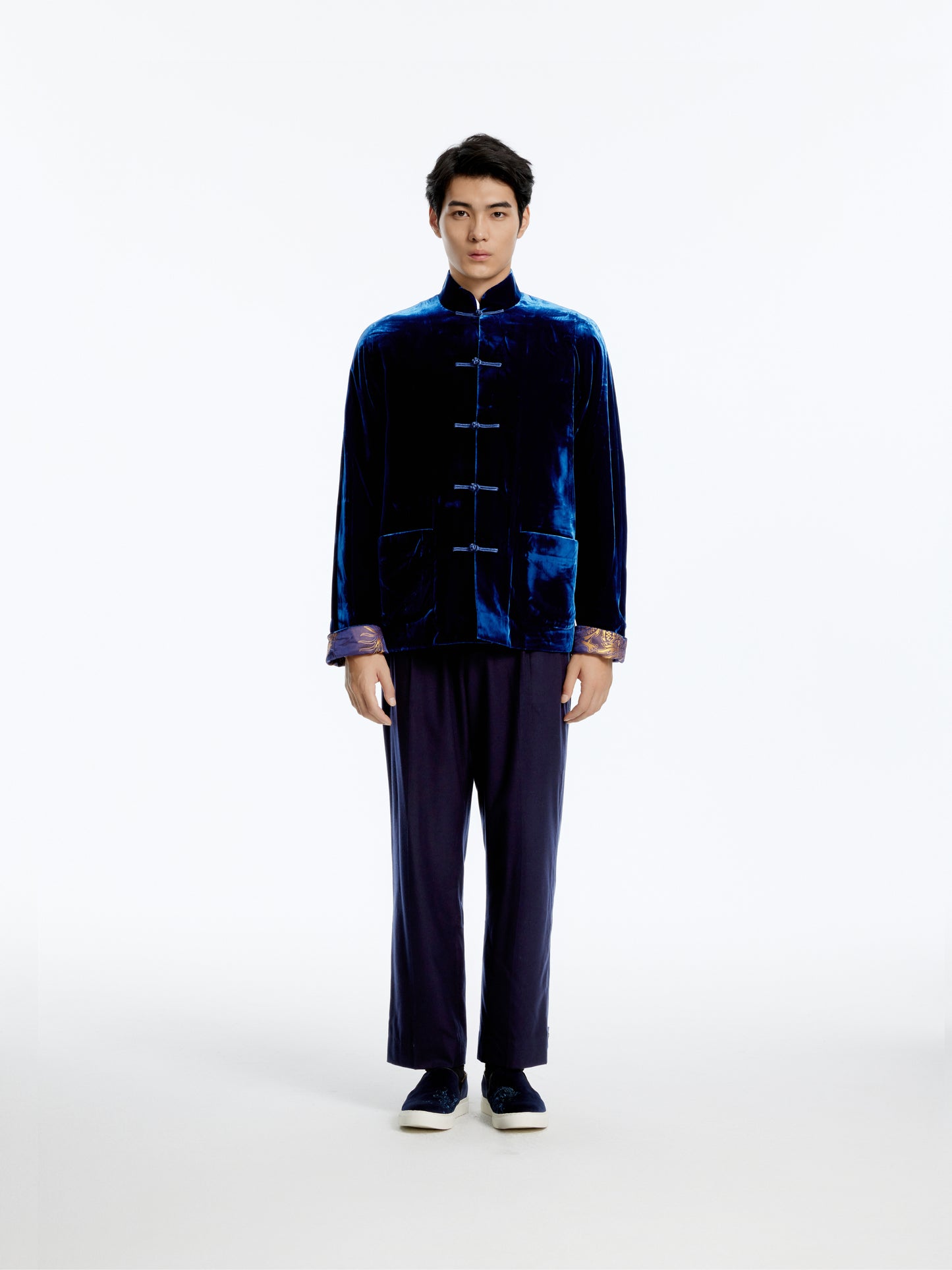 Velvet Tang Jacket With Dragon Jacquard Silk Lining Navy
