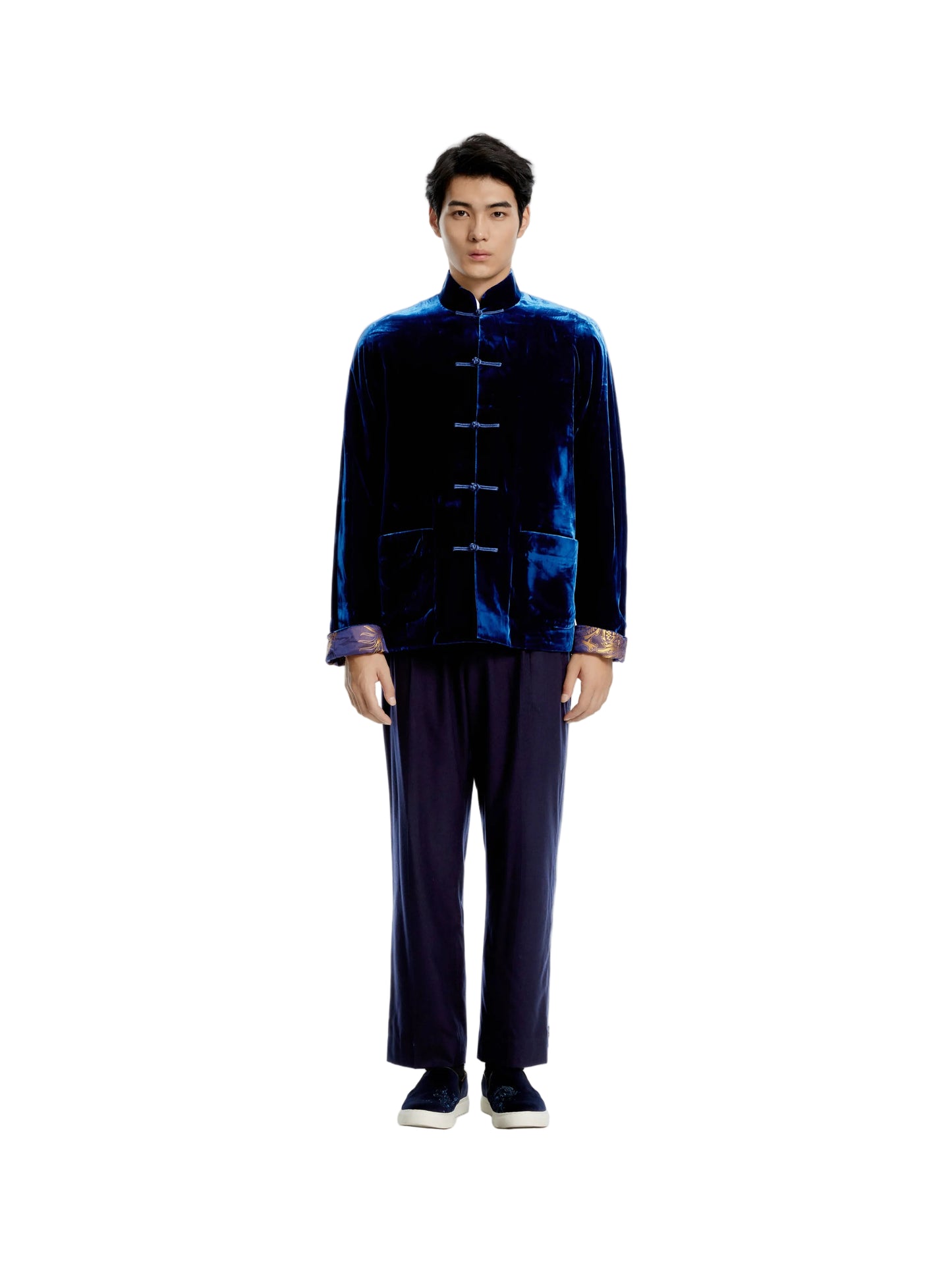 Velvet Tang Jacket With Dragon Jacquard Silk Lining Navy