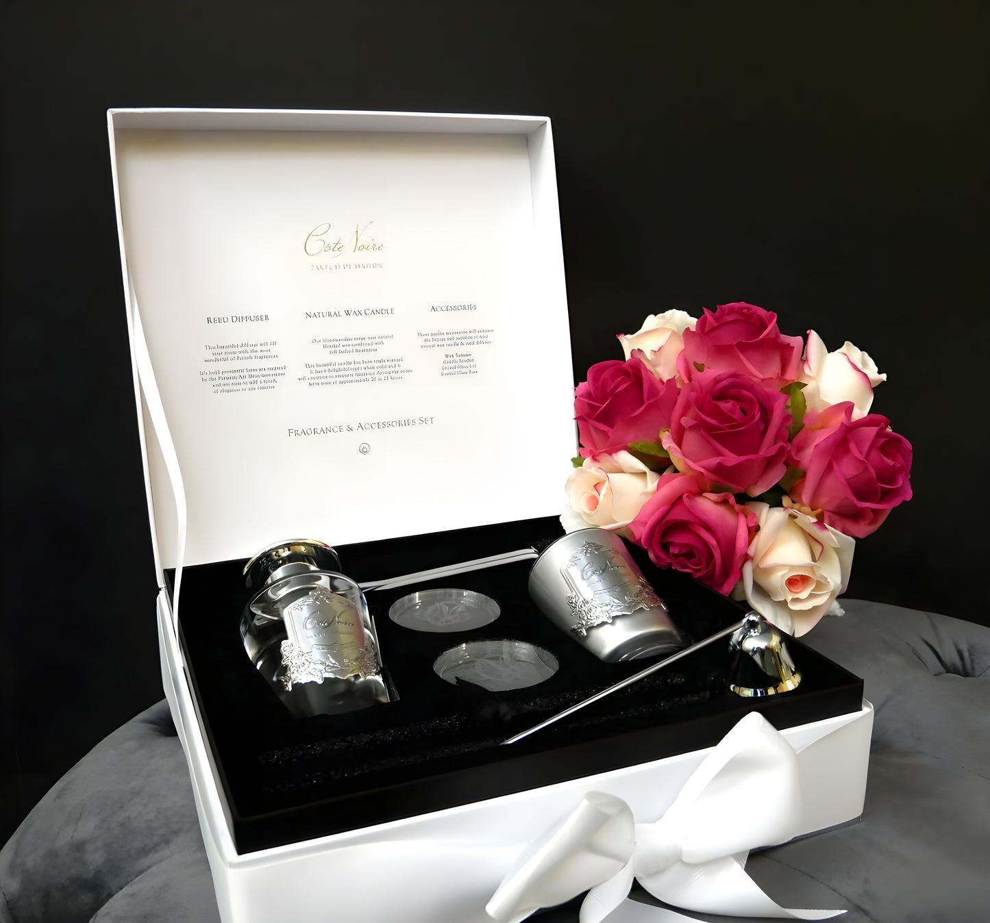 Luxury Gift set with Silver candle, Snuffer, Wick trimmer & Diffuser-Silve Badging