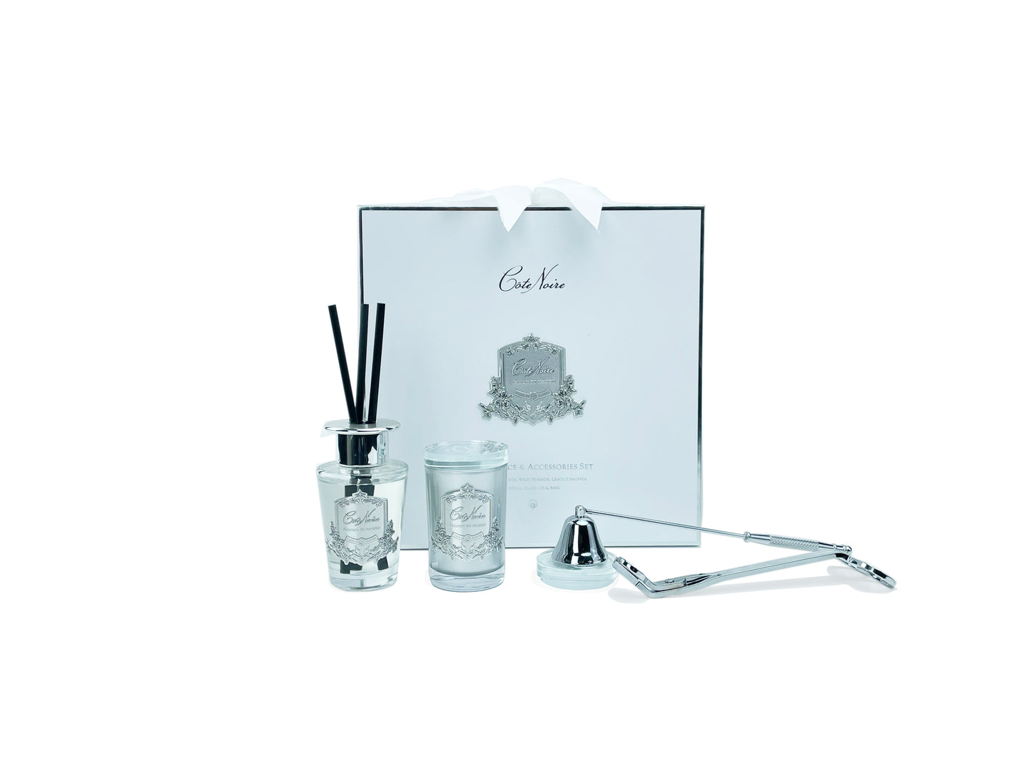 Luxury Gift set with Silver candle, Snuffer, Wick trimmer & Diffuser-Silve Badging