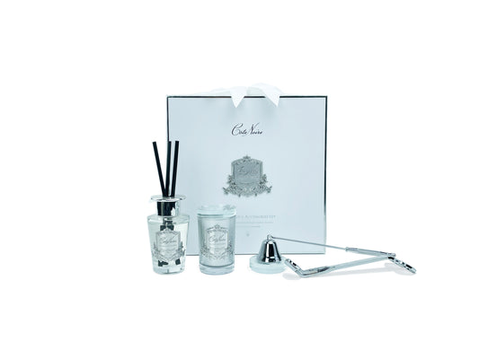 Luxury Gift set with Silver candle, Snuffer, Wick trimmer & Diffuser-Silve Badging