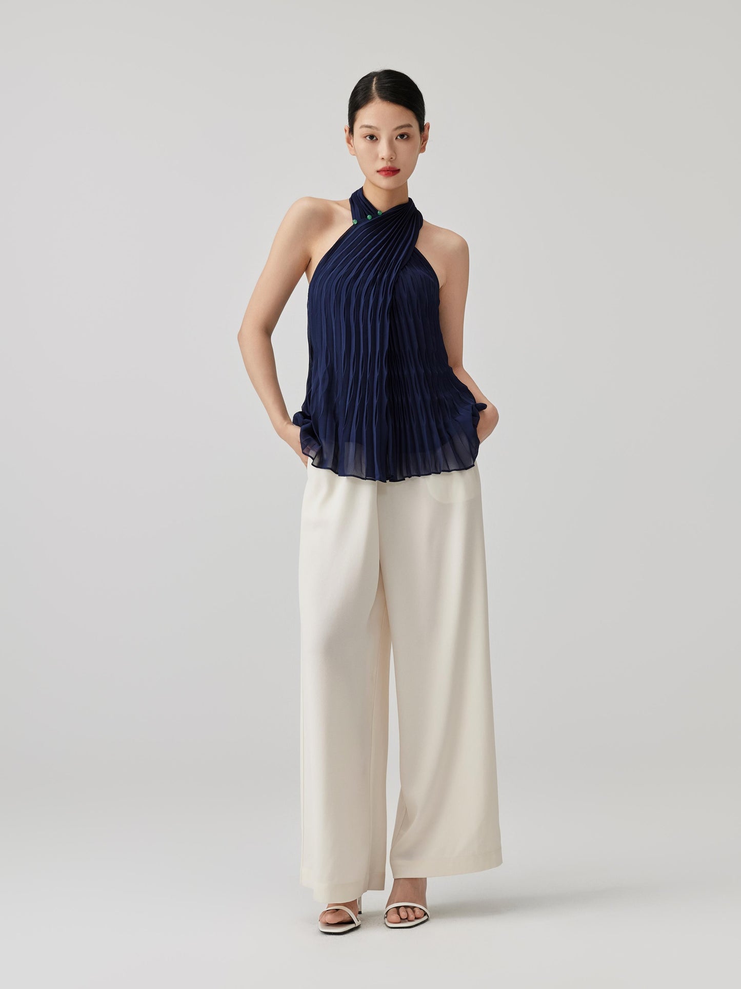 Tang Pleated Crossover Collar Top