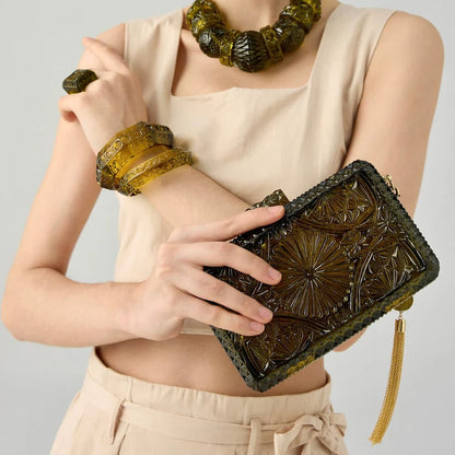 Hand Carved Rectangle Clutch Olive