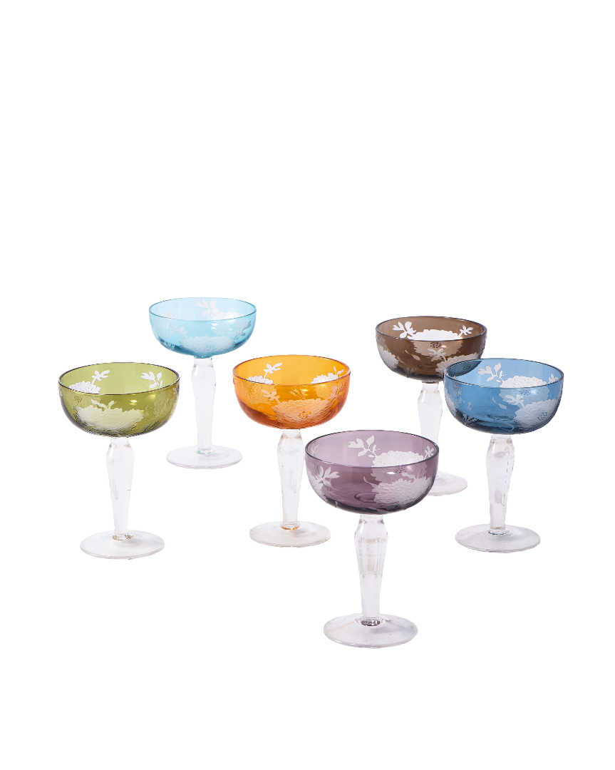 Multicolour Peony Coupe Glasses  Set of 6