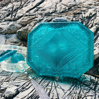 Hand Carved Octagon Clutch Aqua
