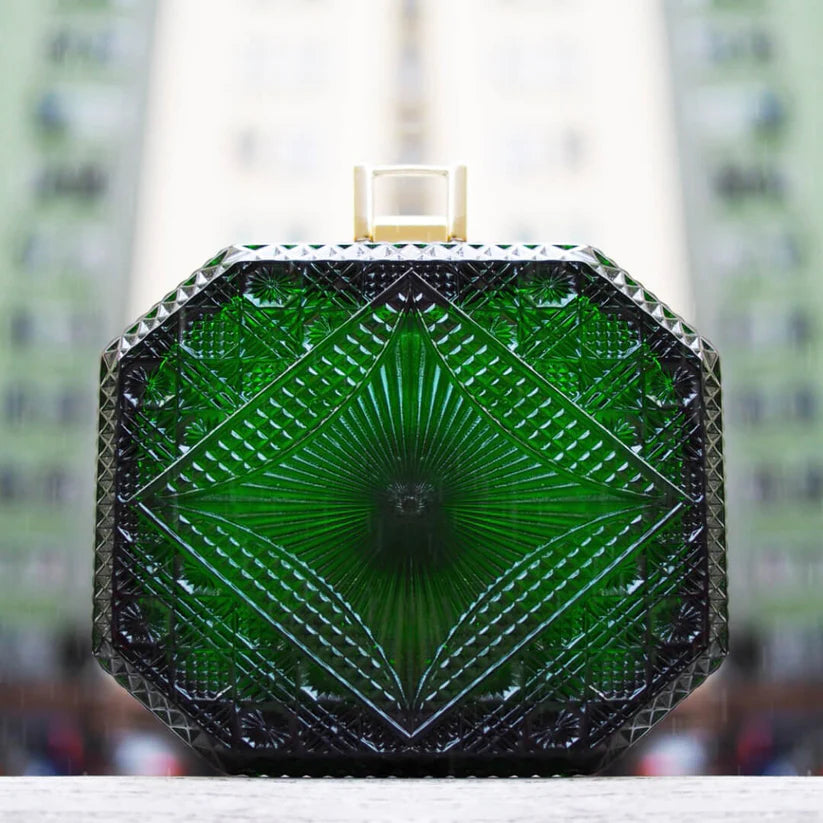 Hand Carved Octagon Clutch Emerald Green
