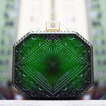 Hand Carved Octagon Clutch Emerald Green