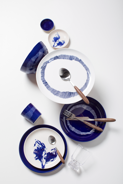 Feast  Dinner Plates, White Swirl Blue Stripes Set of 2