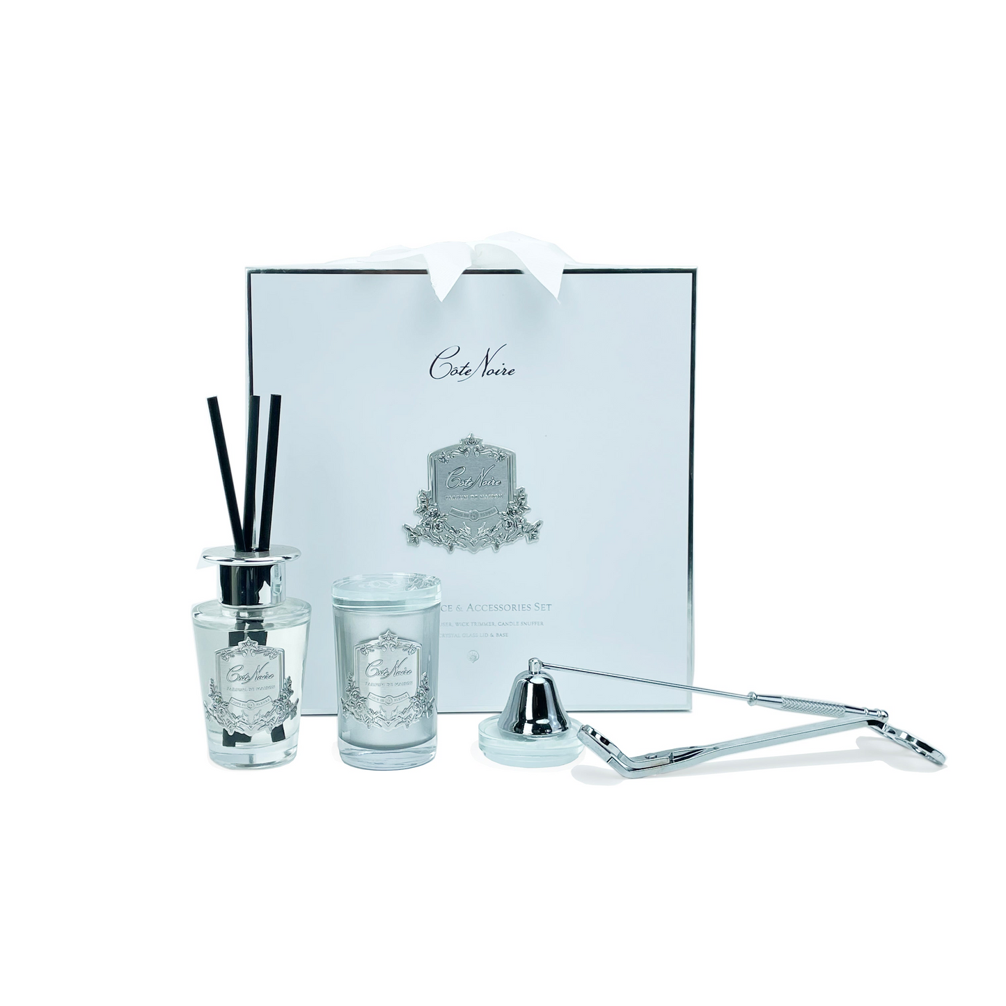 Luxury Gift Set Silver Badging Candle, Snuffer, Wick Trimmer & Diffuser