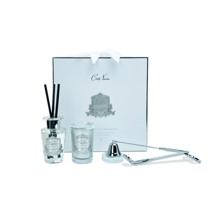Luxury Gift Set Silver Badging Candle, Snuffer, Wick Trimmer & Diffuser