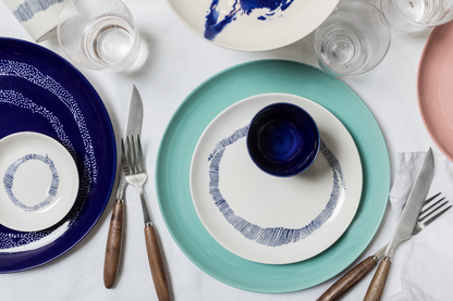 Feast Breakfast Plates, White Swirl Blue Stripes Set of 2
