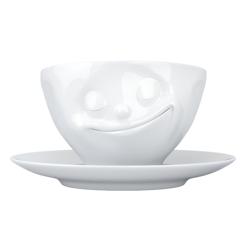 Coffee Cup with Saucer "Happy" White