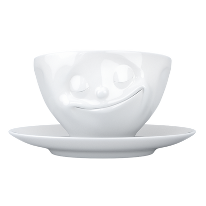 Coffee Cup with Saucer "Happy" White