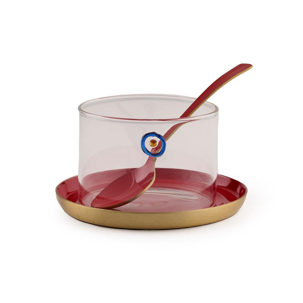 Blue Eye Dessert Bowl – Red Enamel Saucer  Set of 6