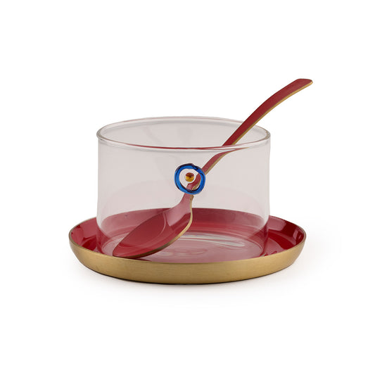 Blue Eye Dessert Bowl – Red Enamel Saucer  Set of 6