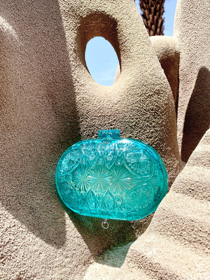 Hand Carved Oval Clutch Aqua